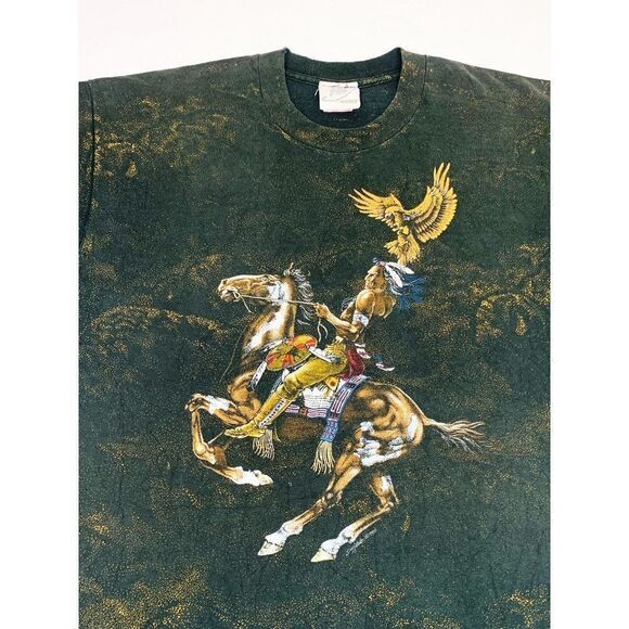 Vintage Native American T-Shirt Cowboy XL Black Gold All over Print - Picture 3 of 10